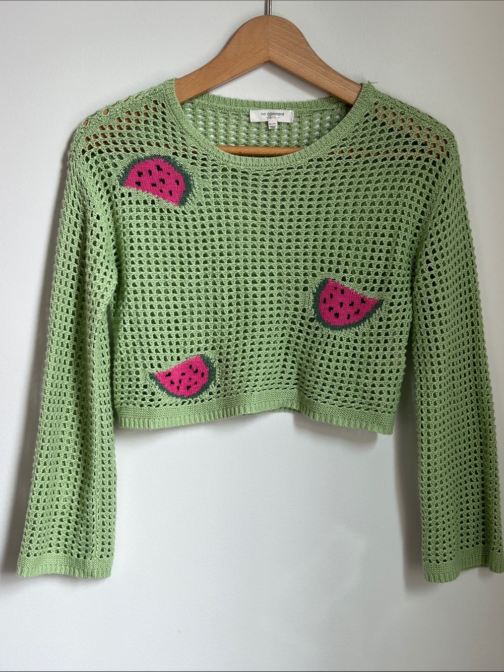 No Comment | Green Cropped Crochet Sweater Pink Watermelon Patches Size XL (16)